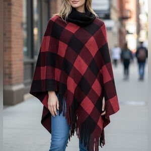 NEW• Kimberly C Red & Black Plaid Fringe Poncho•OS-2X